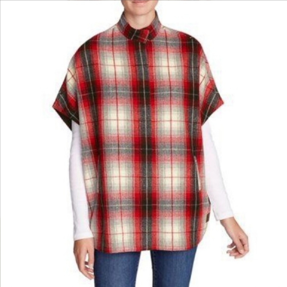Eddie Bauer Sonoma Plaid Poncho Cape, Red Plaid, Size Small, Wool Blend